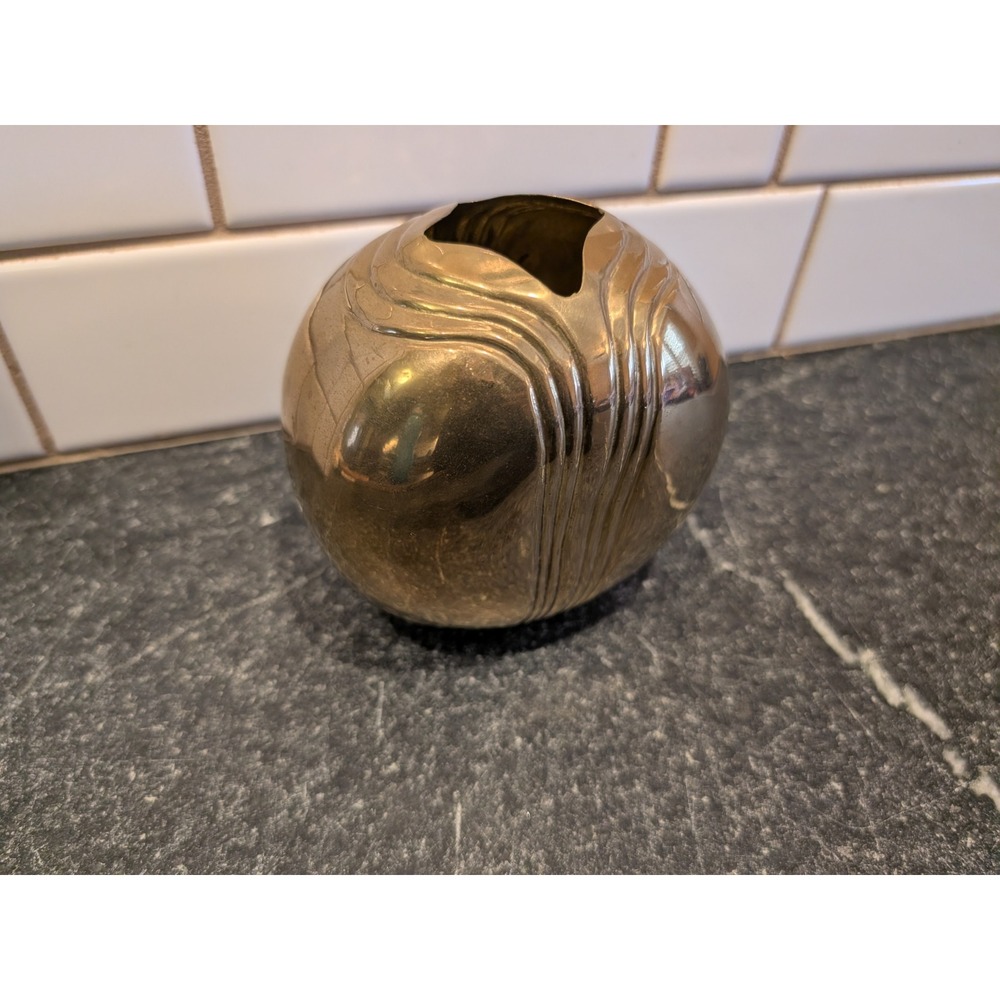 Vintage Brass Art Deco Ribbed Orb Bud Vase Round Polished Gold Tone MCM Decor